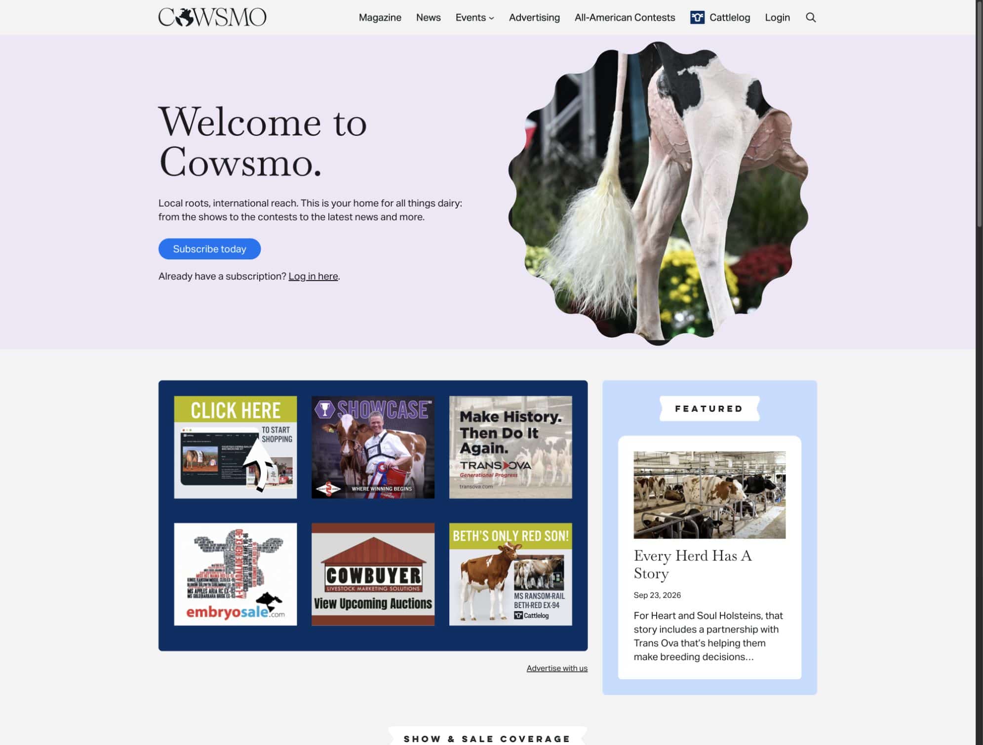 Cowsmo homepage showing the website layout and content.