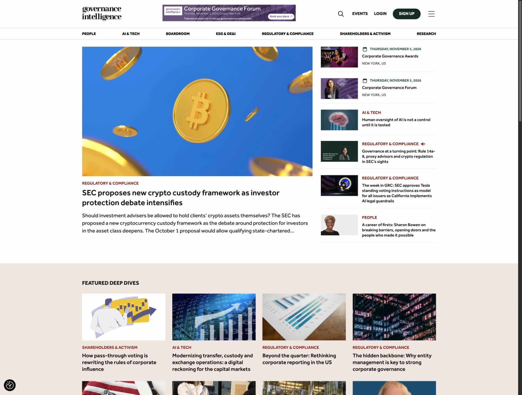 Governance Intelligence homepage showing the website layout and content.