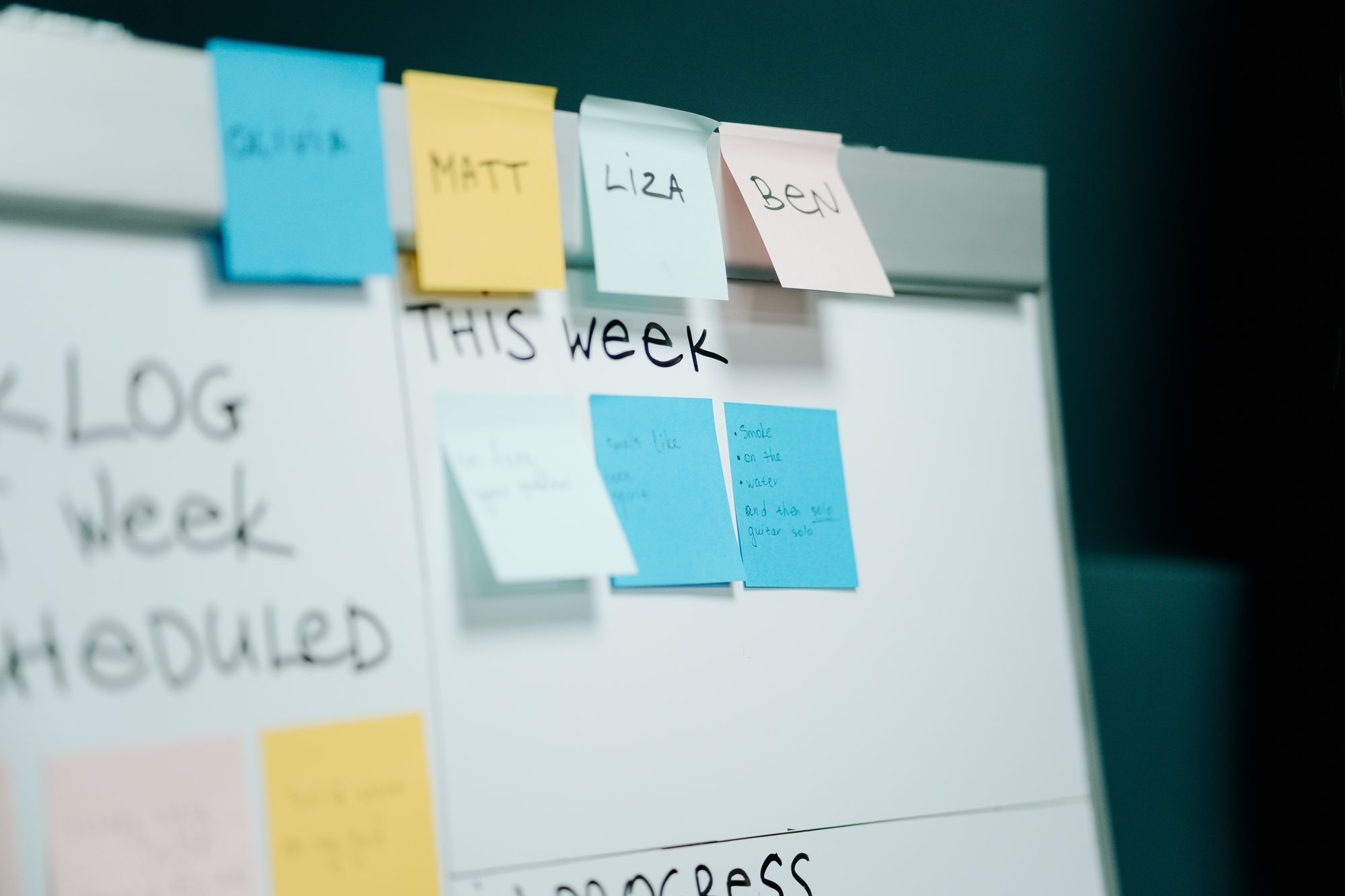 Coloured sticky notes arranged in columns on a whiteboard.